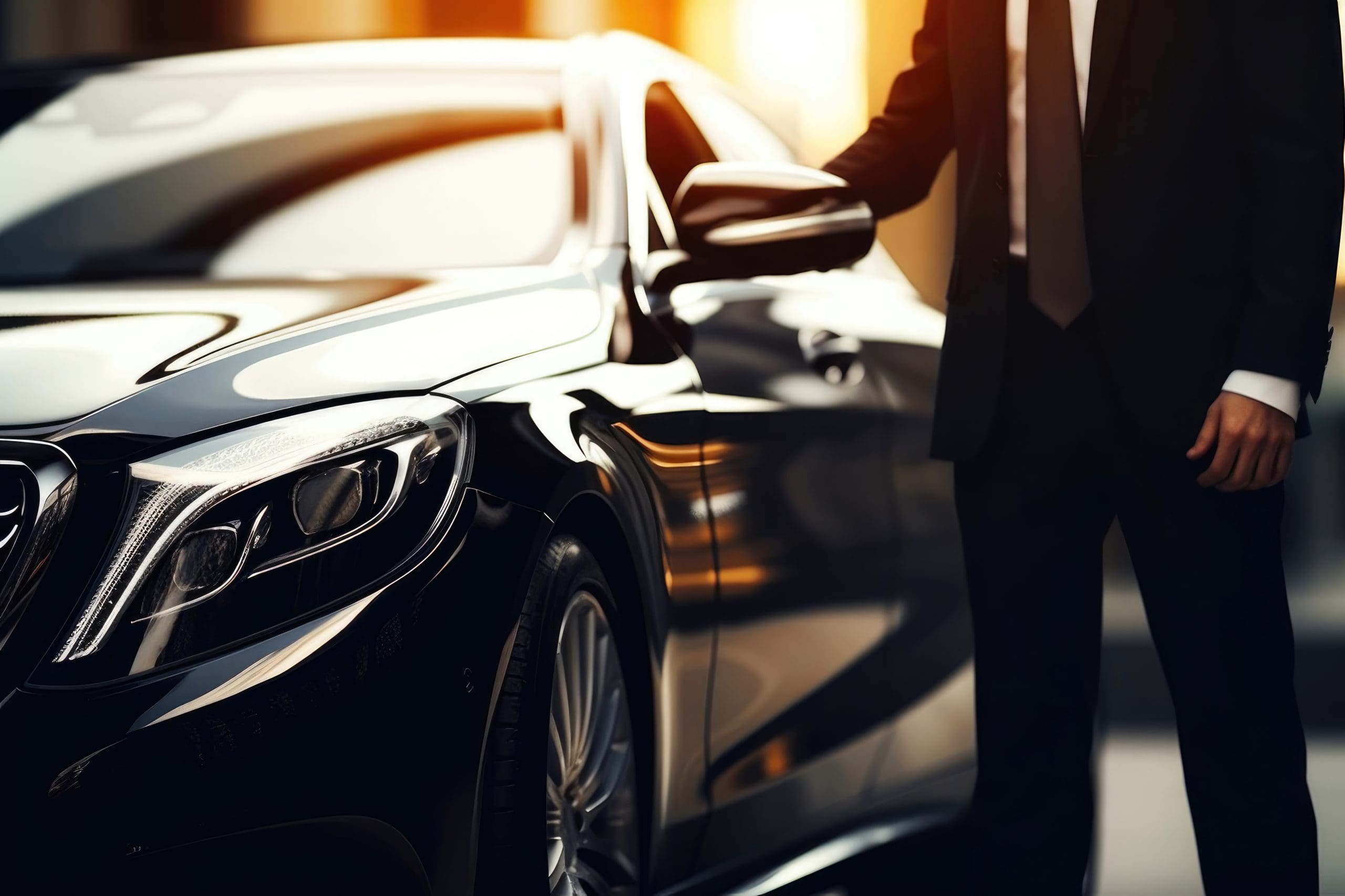 A person dressed in a formal suit stands next to a sleek black luxury car. The focus is on the car's front headlight and the person's hand on the side mirror. The background is softly blurred with warm, golden lighting suggesting sunset.