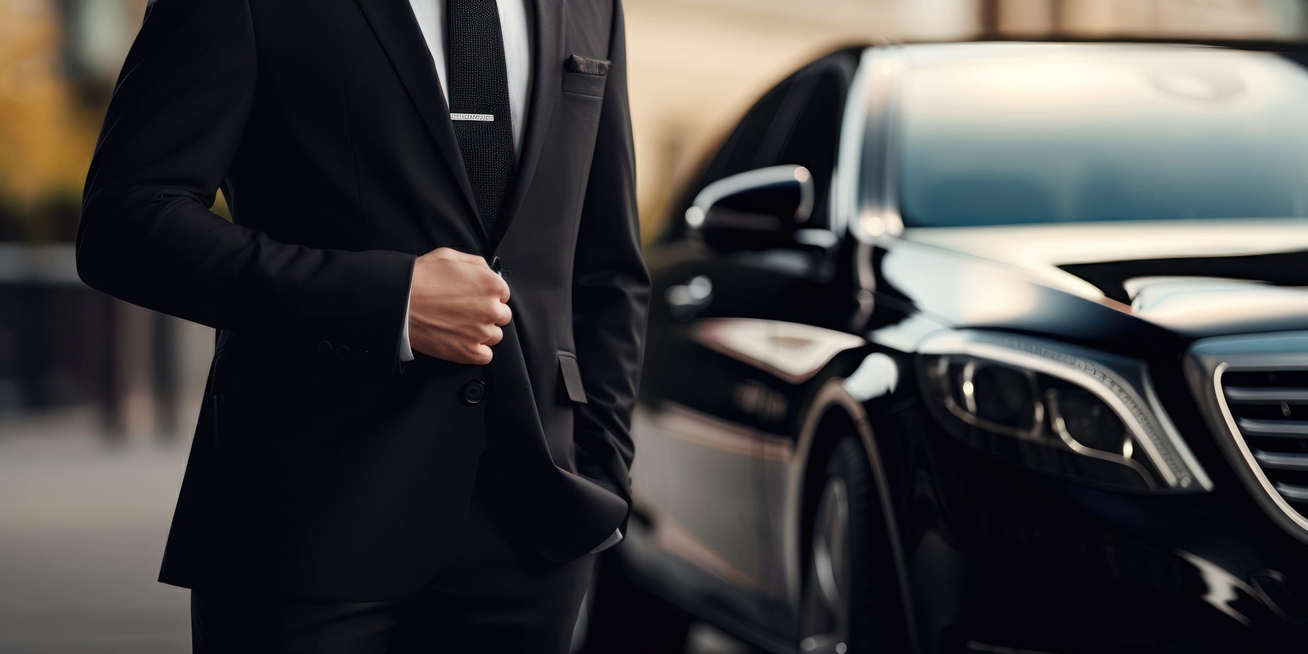 A man in a black suit stands confidently beside a shiny black luxury car, with his hand adjusting his suit jacket. The background is softly blurred, emphasizing the car and the man's formal attire.