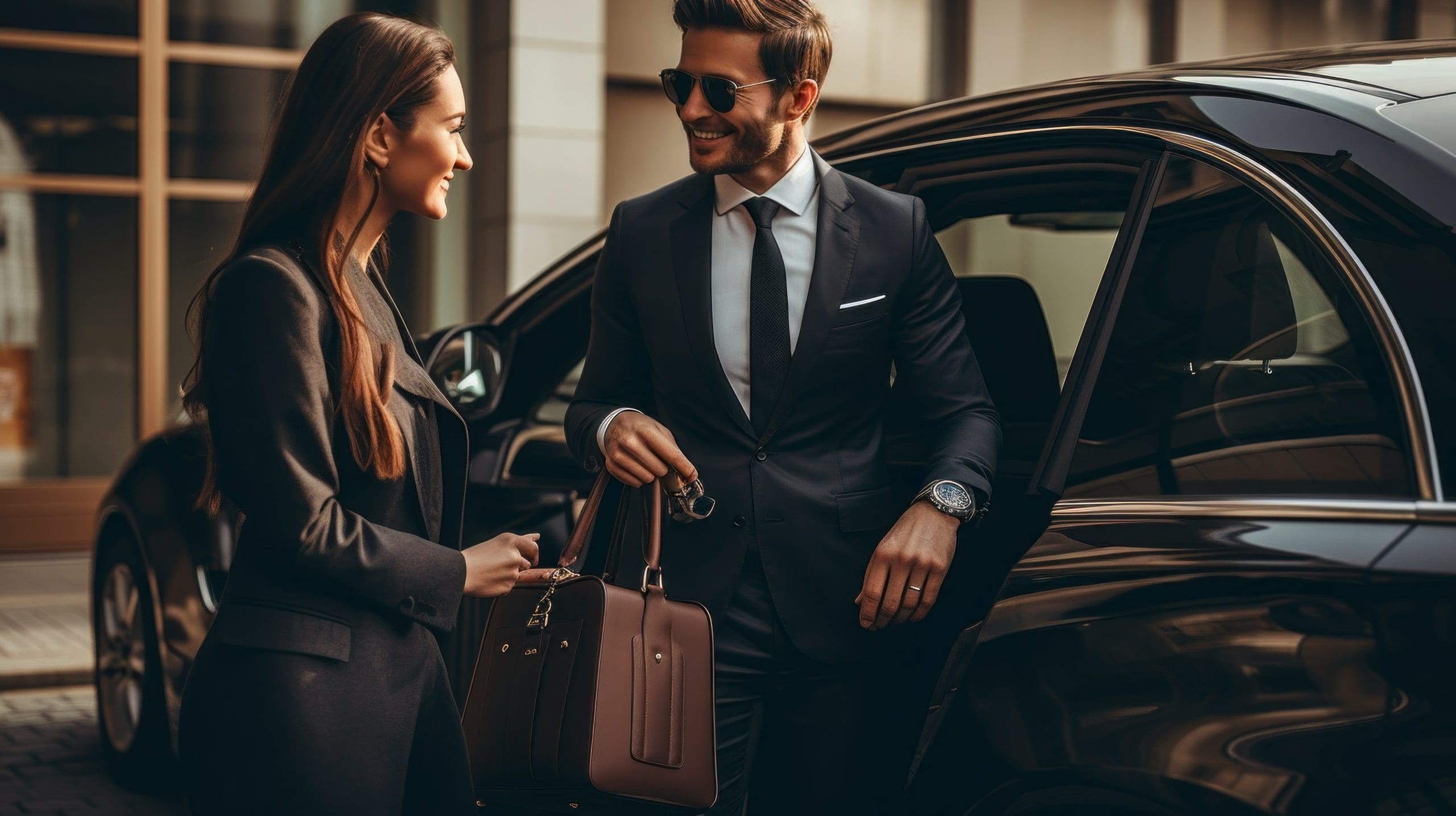 A man and woman in business attire stand by a car. The man holds car keys and wears sunglasses, while the woman smiles and holds a handbag. They appear engaged in conversation in an urban setting.