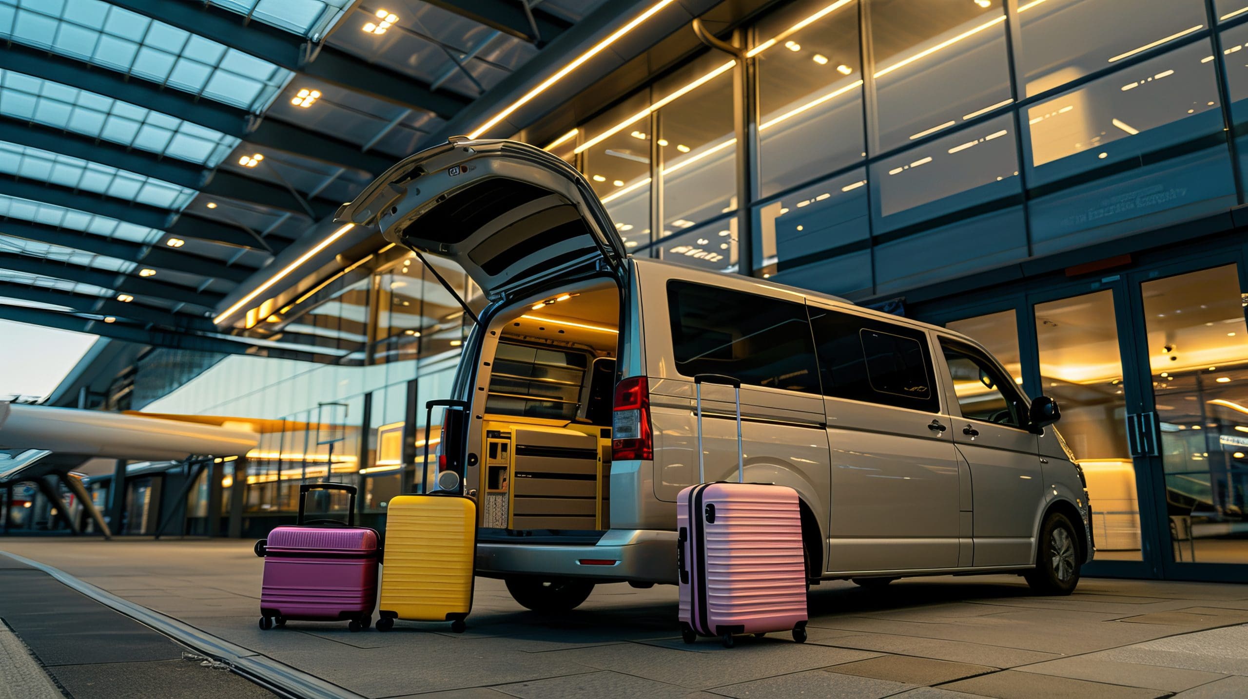 A silver minivan with an open trunk is parked outside a modern glass building. Three colorful suitcases—yellow, pink, and purple—are positioned near the vehicle, suggesting a travel setting. Warm lights illuminate the scene.