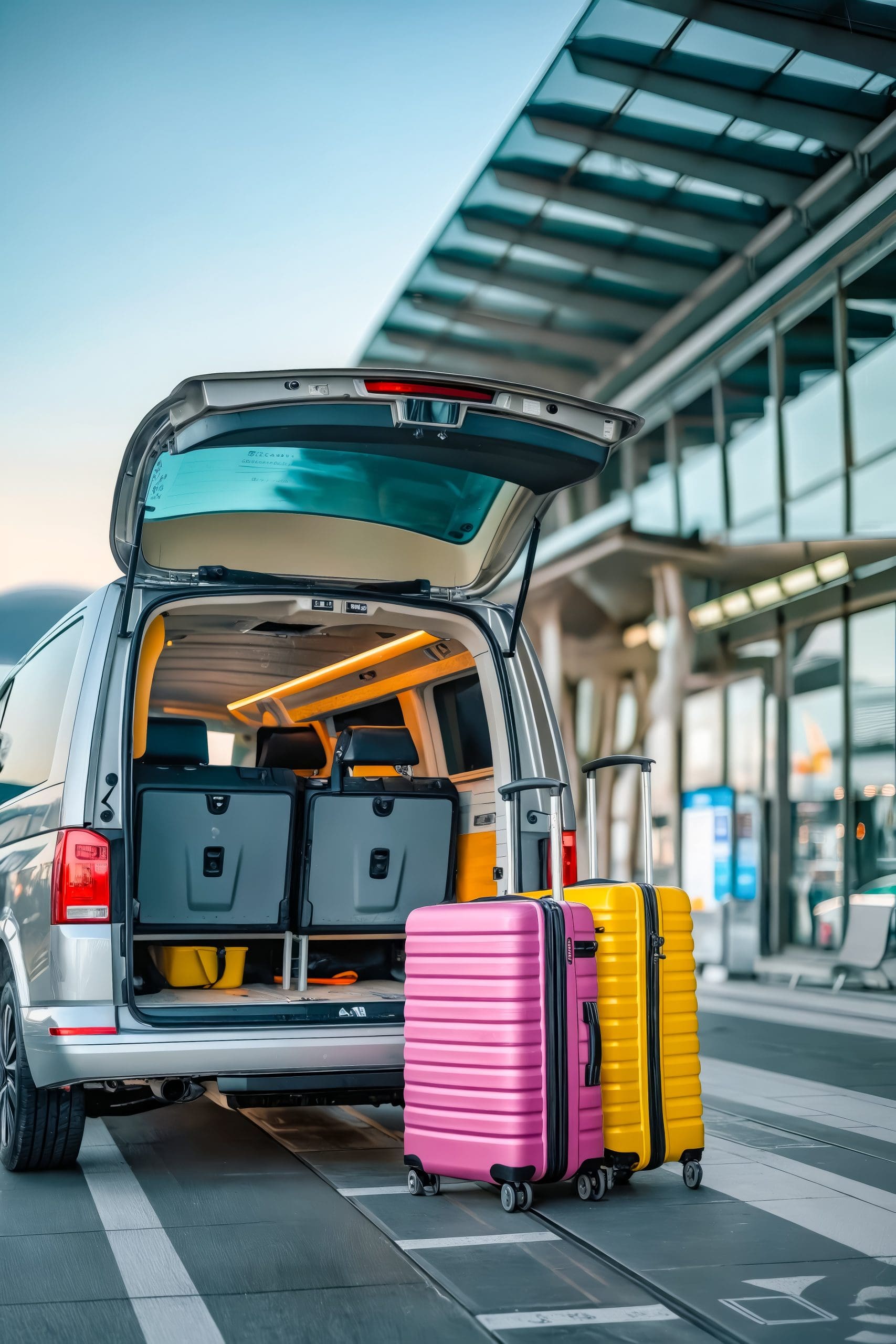 A silver van with its trunk open is parked outside a modern airport terminal. Two suitcases, one pink and one yellow, stand upright on the pavement next to the van. The terminal features glass windows and a covered walkway.